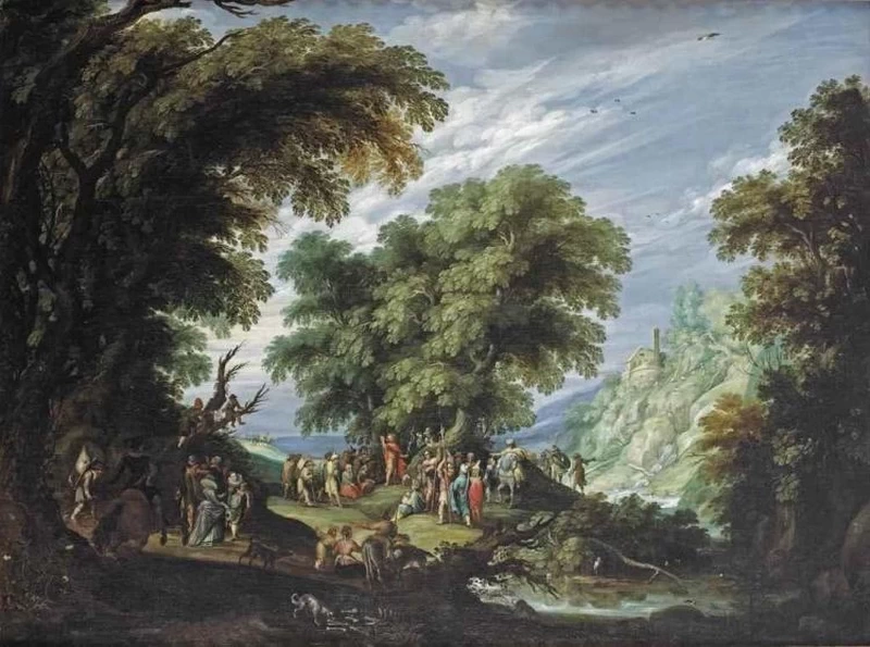 San Giovanni Battista predica in un paesaggio boscoso